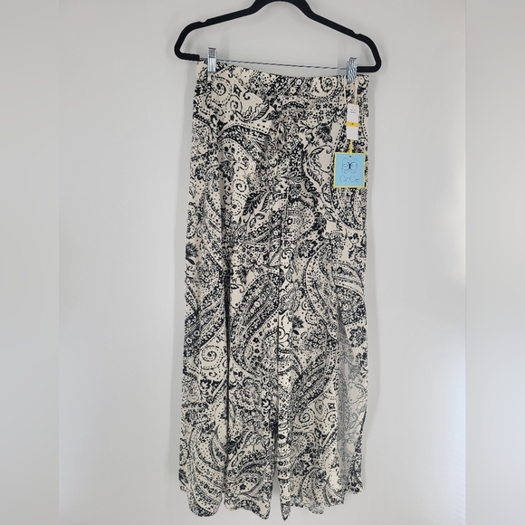 CeCe Women's Overlap Tie Front Wide Leg Soft Pants Ivory Black Size M New - Picture 1 of 7